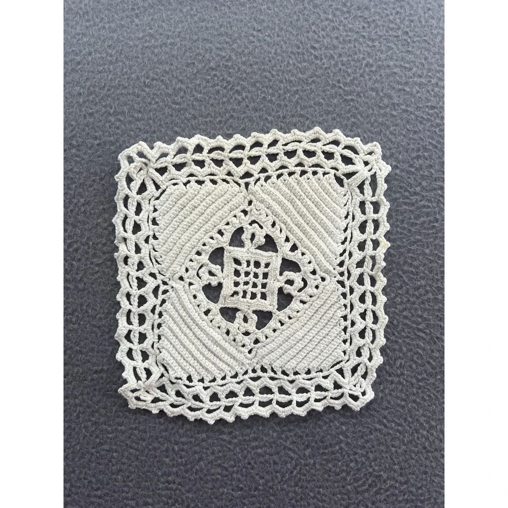 Handmade Crochet Lace Doily Coaster Square Off-White Cotton Thread Home Decor